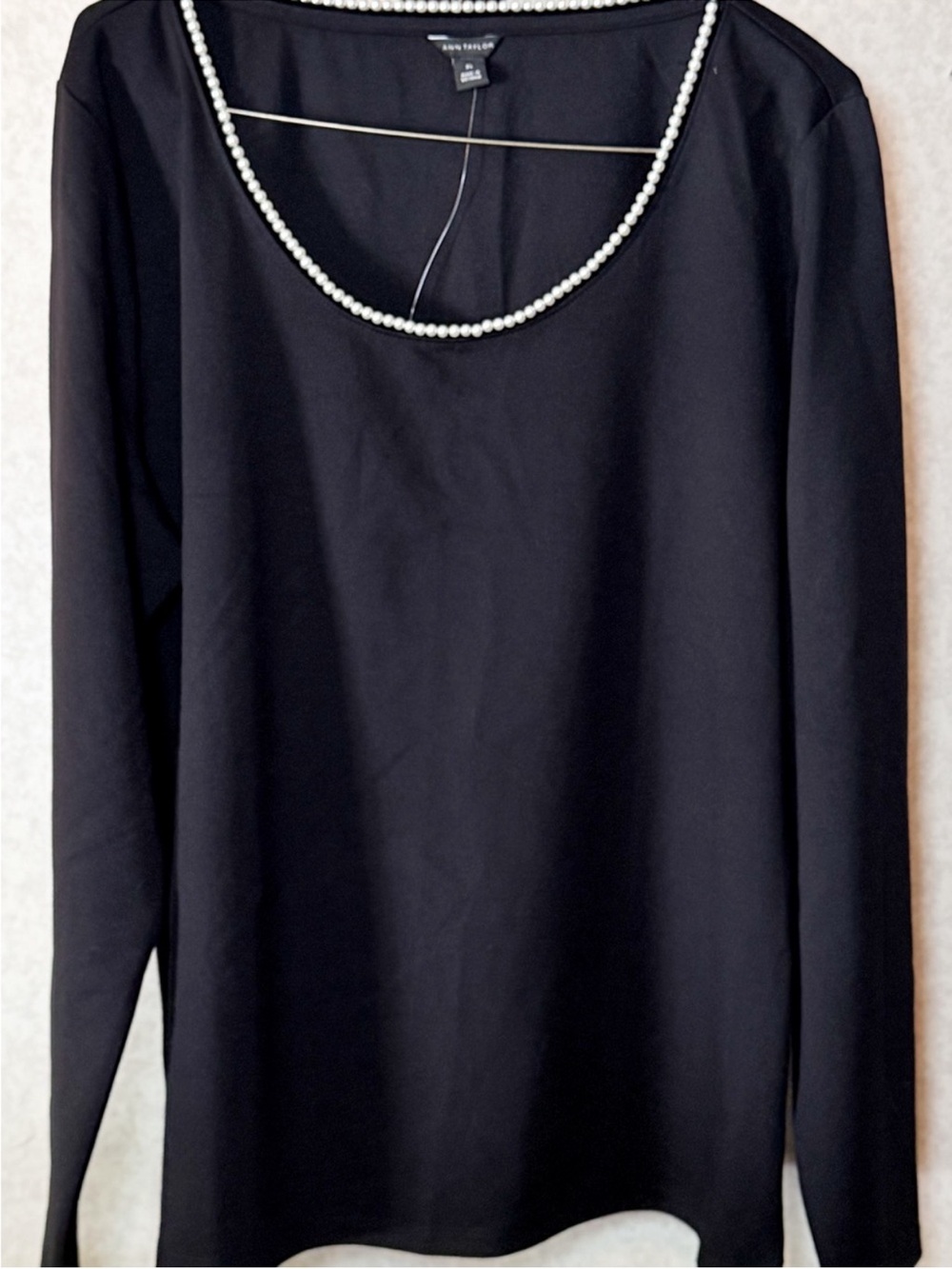 Ann Taylor Black Short-Sleeve Lookalike Tee with Pearl Neckline